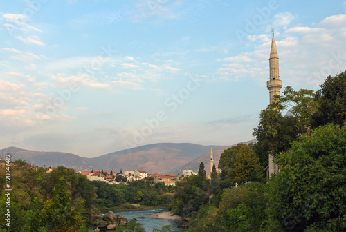 View of the minarets in the city of Mostar in the morning. Bosnia and Herzegovina