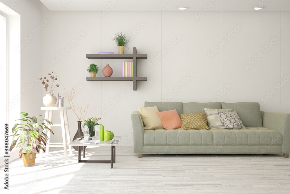 White living room with sofa. Scandinavian interior design. 3D illustration White living room with sofa. Scandinavian interior design. 3D illustration