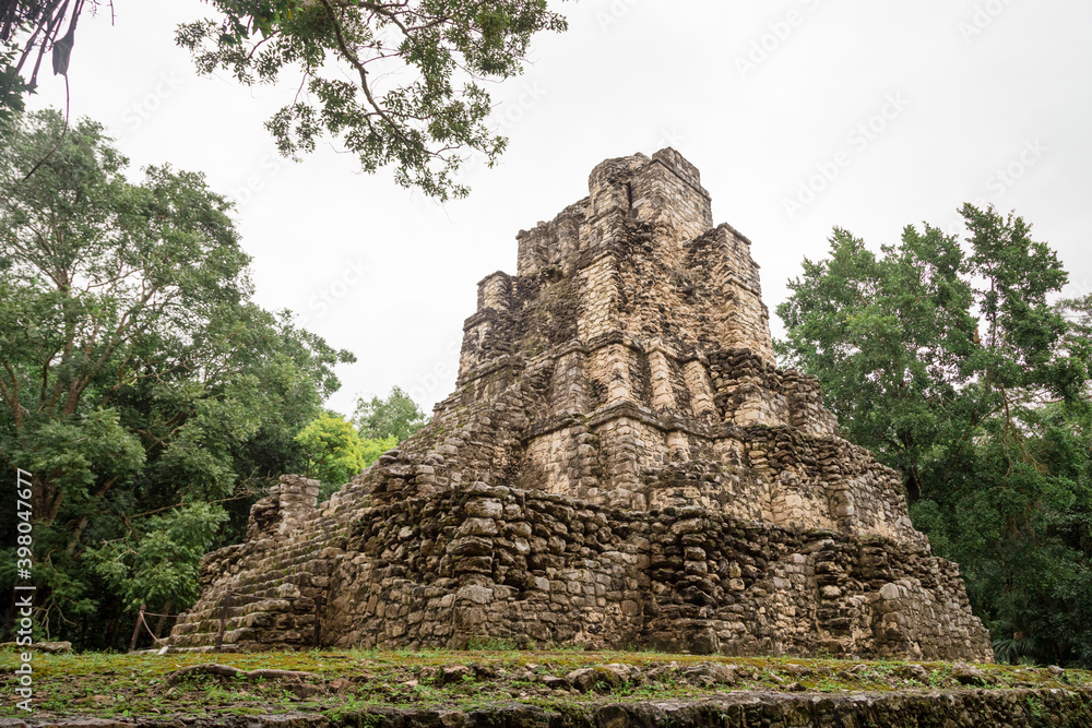Lost city in the jungle. Mayan Muyil Ruins in Mexico. Ancient Mayan Pyramid at the Muyil site in Quintana Roo