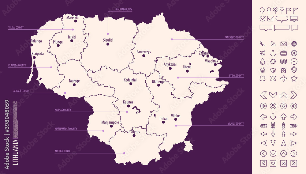 Detailed map of Lithuania with administrative divisions on a dark background, country big cities and icons set, vector illustration