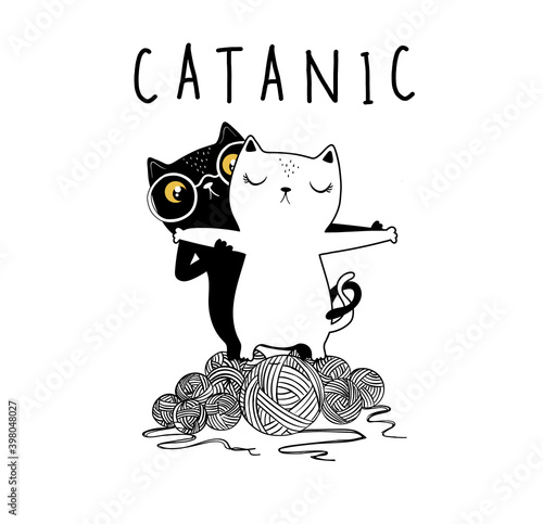 Funny love story of cute cats. Vector template for t-shirt design. Children illustration for School books and more. Catanic slogan. Animal print.