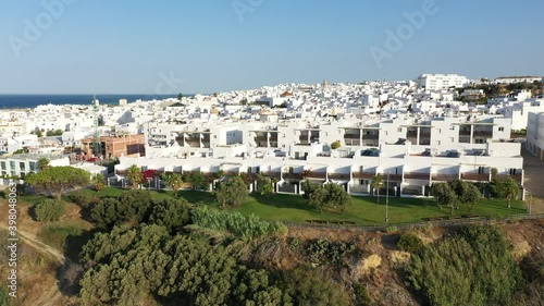 Aerial drone views of Conil de la Frontera, an Andalusian white town at the Atlantic coast of Cadiz, south Spain