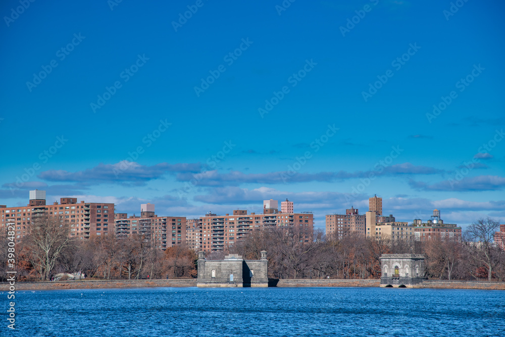 Manhattan skyline on a winter day from Central Park Lake, New York City