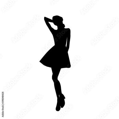 Posing woman in mini dress, black vector silhouette
