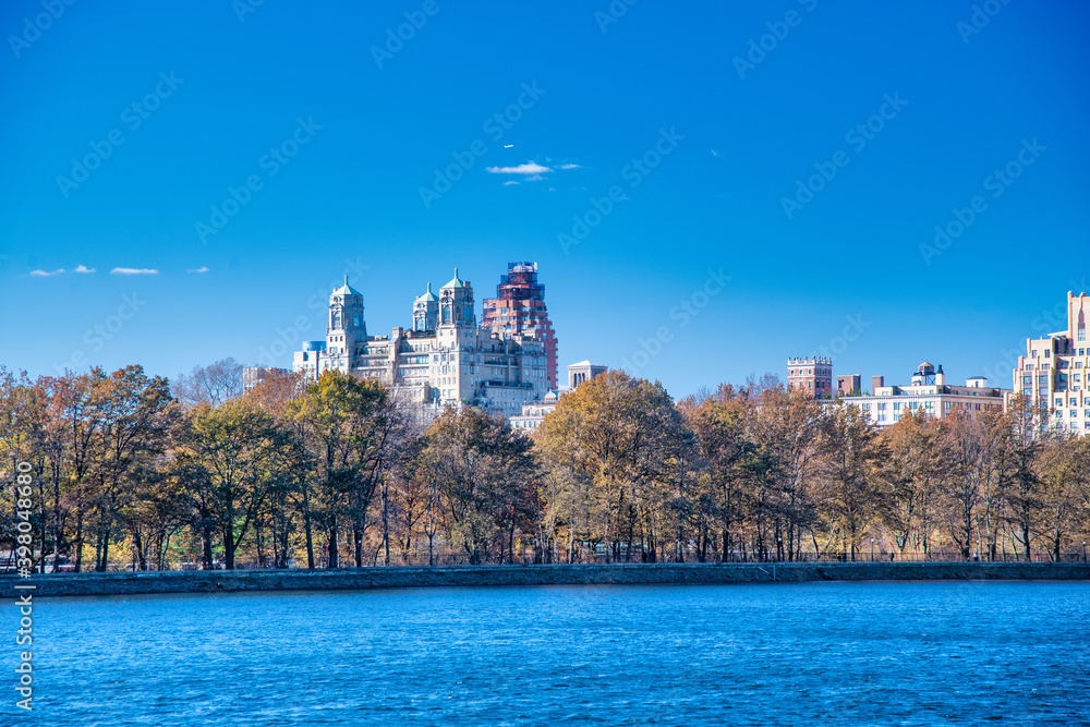 Manhattan skyline on a winter day from Central Park Lake, New York City