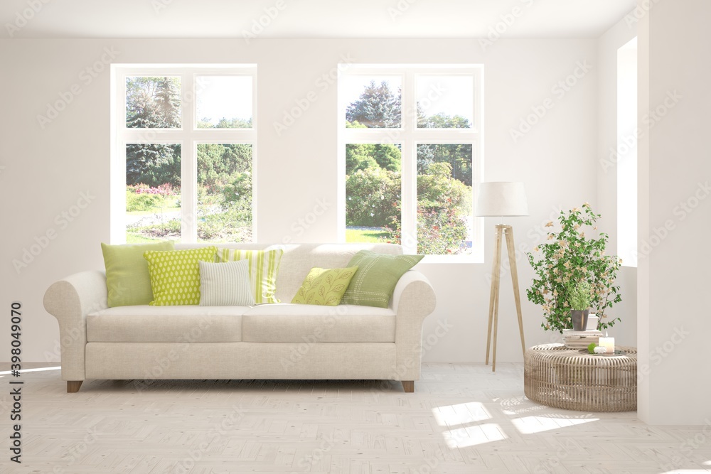 White living room with sofa and summer landscape in window. Scandinavian interior design. 3D illustration White living room with sofa and summer landscape in window. Scandinavian interior design. 3D illustration