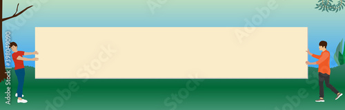 Two men carrying a billboard. horizon, sign, wood, bush, leaf, ground, web banner, web header, flier, blue sky, frame, copy space, vector illustration, graphic, landscape, orange, concentrated line