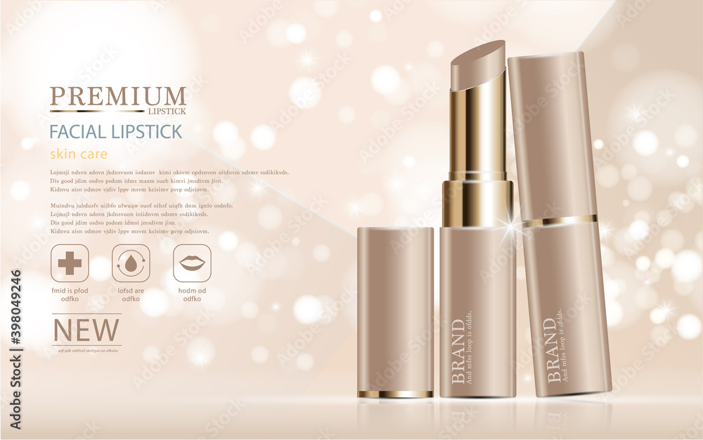 Hydrating facial lipstick for annual sale or festival sale. silver and gold lipstick mask bottle isolated on glitter particles background. Graceful cosmetic ads, illustration EPS10.
