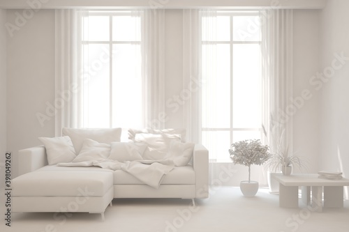 White minimalist living room with sofa. Scandinavian interior design. 3D illustration