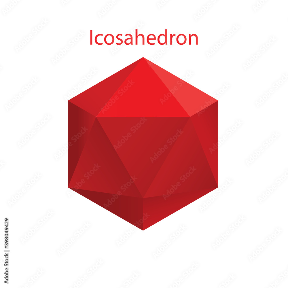 Vector illustration of a red icosahedron on a white background with a gradient for game, icon, packaging design or logo. Platonic solid. Vector illustration of a red icosahedron on a white background with a gradient for game, icon, packaging design or logo. Platonic solid.