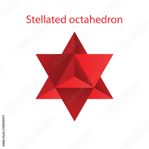 Vector red Stellated Octahedron, also called Stella octangula, and Polyhedra Hexagon, geometric polyhedral compounds on a white background with a gradient for game, icon, packaging design or logo. photo