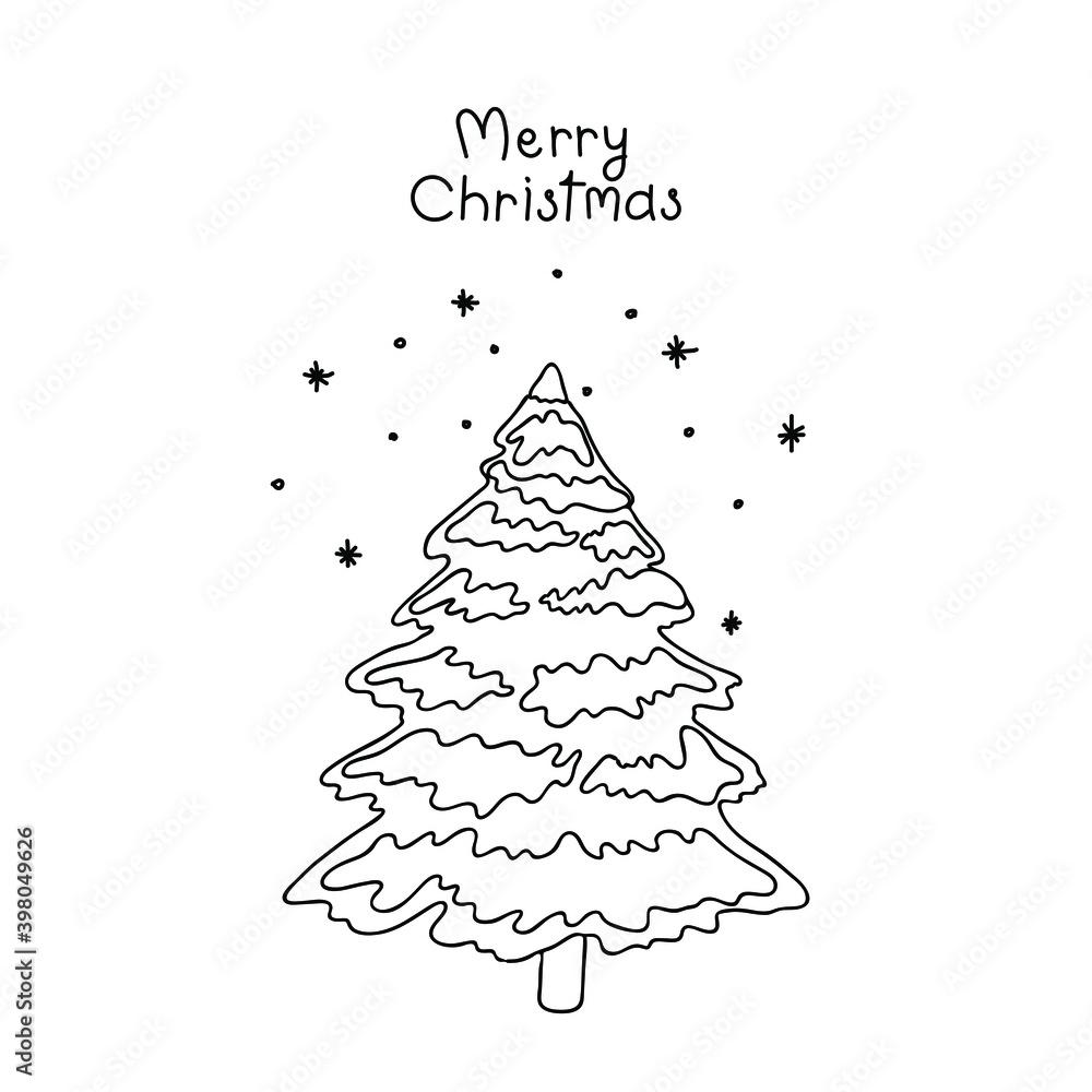 Hand-drawn Christmas card with tree and snowflakes. Christmas tree  black-white outline.