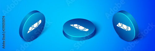 Isometric Car headlight icon isolated on blue background. Blue circle button. Vector Illustration.