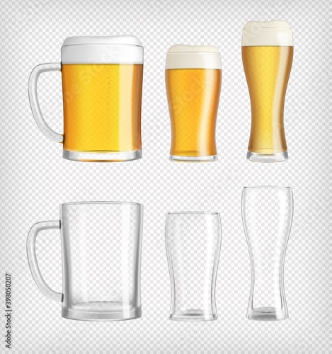 Three different lager beer glasses and mugs