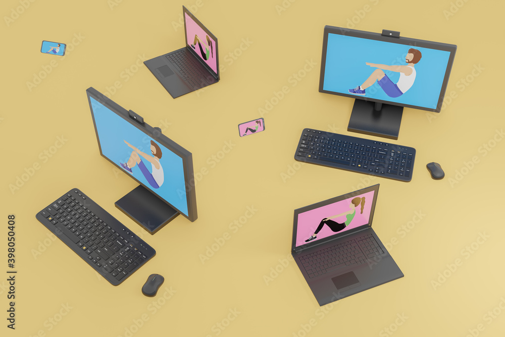 Online digital workout session live with personal trainer using webcam and computer. 3D Illustration Online digital workout session live with personal trainer using webcam and computer. 3D Illustration