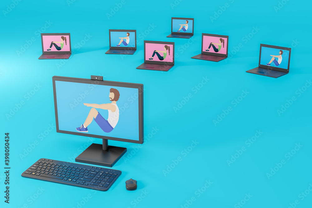 Online digital workout session live with personal trainer using webcam and computer. 3D Illustration Online digital workout session live with personal trainer using webcam and computer. 3D Illustration