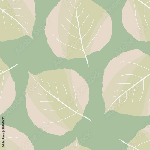 Aspen leaf seamless vector pattern background. Beautiful duotone hand drawn leaves light green off white backdrop. Painterly watercolor effect. Botanical foliage design. Organic all over print.