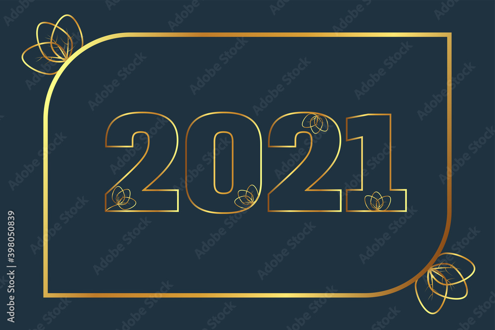 Fototapeta premium Happy new year 2021 template. Design for banner, greeting cards, or print. golden text 2021 with leaf , Vector illustration. 