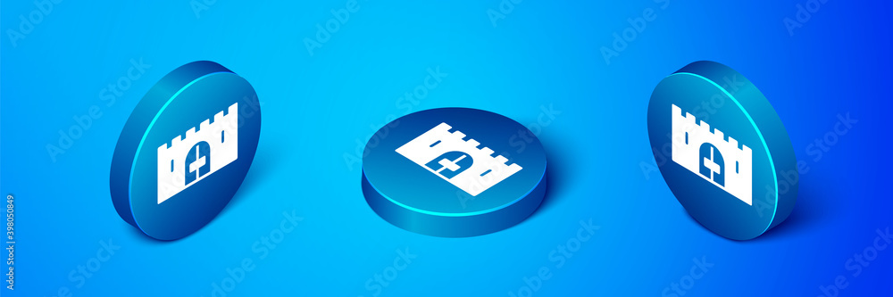 Isometric Medieval castle gate in a stone wall icon isolated on blue background. Medieval fortress. Protection from enemies. Blue circle button. Vector. Isometric Medieval castle gate in a stone wall icon isolated on blue background. Medieval fortress. Protection from enemies. Blue circle button. Vector.
