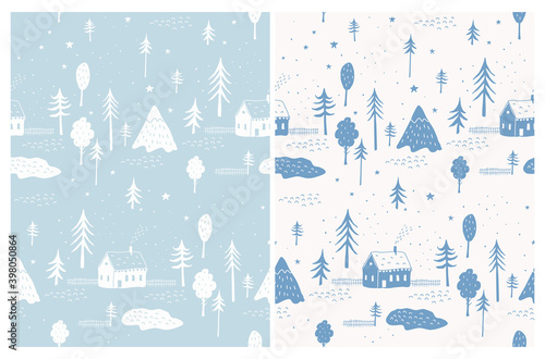 Winter Landscape Seamless Vector Patterns. Christmas Holidays Design with Little Wooden House, Pine Trees, Mountain, Stars and Pond. Winter Village Print on a Pastel Blue and Light Beige Background.