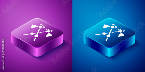 Isometric Crossed medieval axes icon isolated on blue and purple background. Battle axe, executioner axe. Medieval weapon. Square button. Vector.