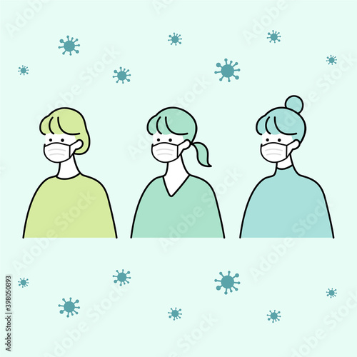 ウイルス対策のためマスクをする女性のイラスト