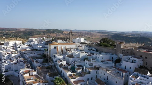 Aerial perspective of Vejer de la Frontera old town centre with close up to the church tower