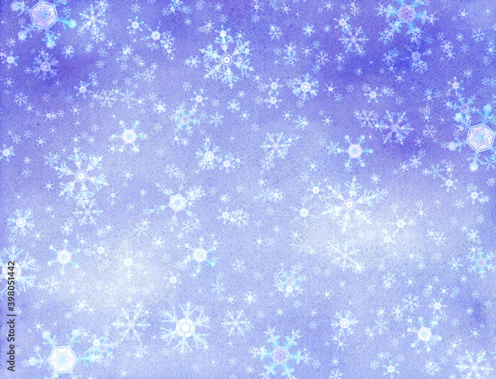 雪の結晶のパターン背景。水彩イラスト。