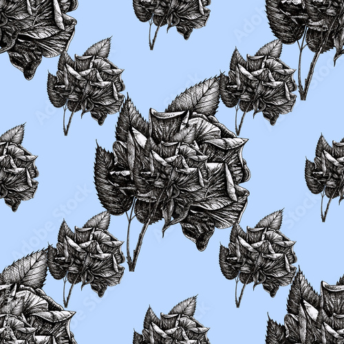 Seamless pattern, rose buds. Texture black and white for wrapping paper, textiles. Hand-drawn drawing with a pen and insert on a light blue background. photo