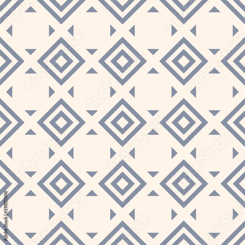 Vector geometric seamless pattern with rhombuses, diamonds, squares, triangles, tiles. Abstract texture in soft blue and white color. Stylish ornament background. Simple repeat design for print, decor