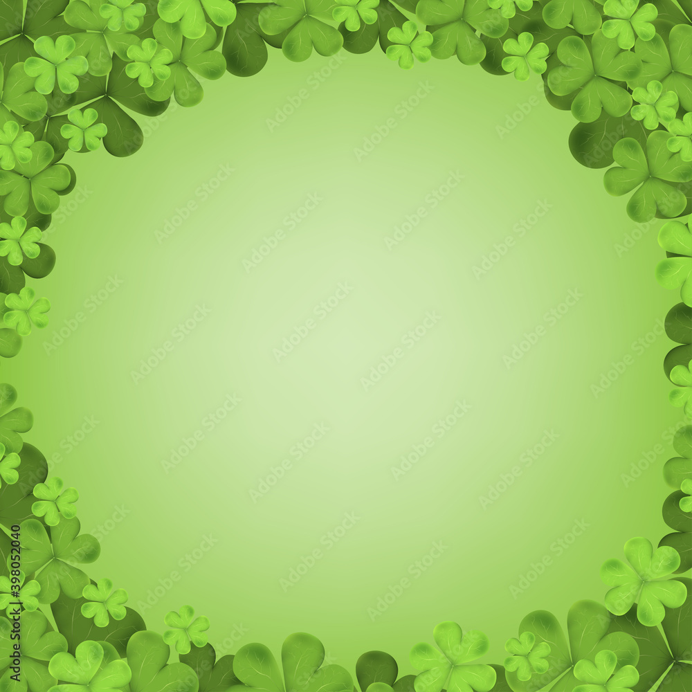 Irish shamrock falling leaves isolated on green background for holiday greeting card design, Irish symbol Good Luck, Vector pattern for Saint Patrick's day background with clover leaves or shamrocks