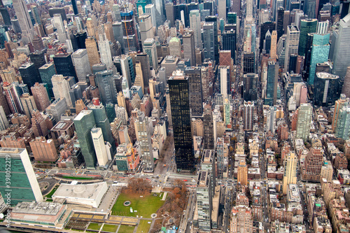 Streets and buildings of Manhattan, aerial view from helicopter
