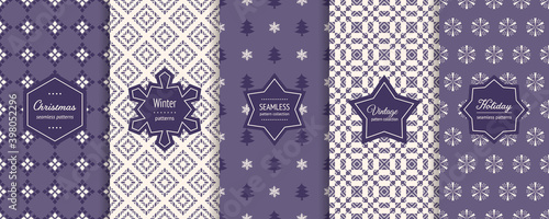 Winter Christmas seamless patterns collection. Vector set of holiday background swatches. Cute simple abstract textures with snowflakes, Christmas trees, gifts, nordic ornaments. Blue and white color