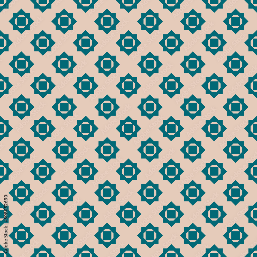 Abstract geometric floral seamless pattern. Elegant vector background. Simple geometrical ornament. Graphic texture with flower shapes, diamonds. Teal and beige color. Repeat design for print, fabric Abstract geometric floral seamless pattern. Elegant vector background. Simple geometrical ornament. Graphic texture with flower shapes, diamonds. Teal and beige color. Repeat design for print, fabric