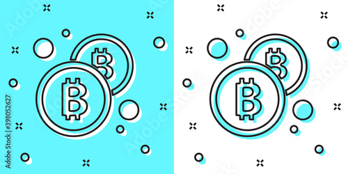 Black line Cryptocurrency coin Bitcoin icon isolated on green and white background. Physical bit coin. Blockchain based secure crypto currency. Random dynamic shapes. Vector.