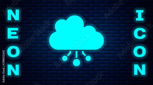 Glowing neon Cryptocurrency cloud mining icon isolated on brick wall background. Blockchain technology, bitcoin, digital money market, cryptocoin wallet. Vector.