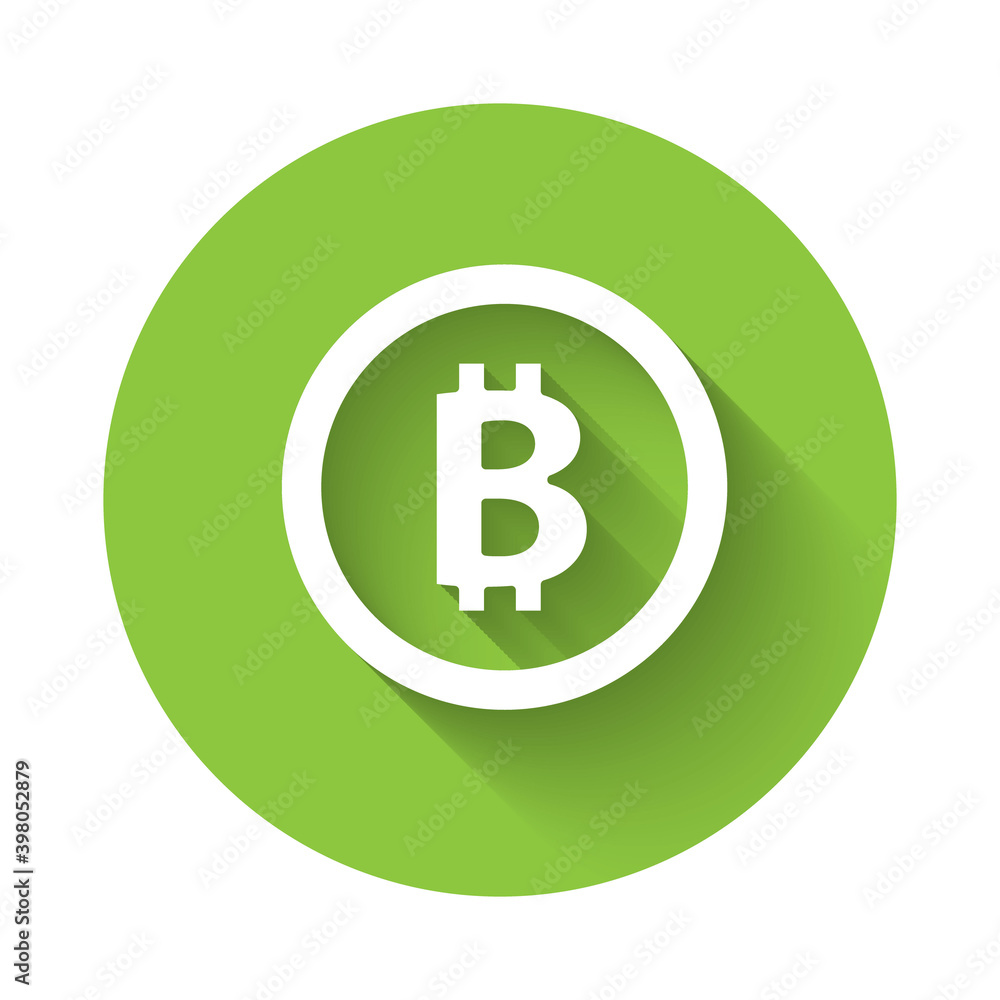White Cryptocurrency coin Bitcoin icon isolated with long shadow. Physical bit coin. Blockchain based secure crypto currency. Green circle button. Vector. White Cryptocurrency coin Bitcoin icon isolated with long shadow. Physical bit coin. Blockchain based secure crypto currency. Green circle button. Vector.