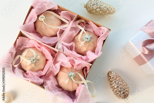 Beautiful Christmas baubles on white background, flat lay