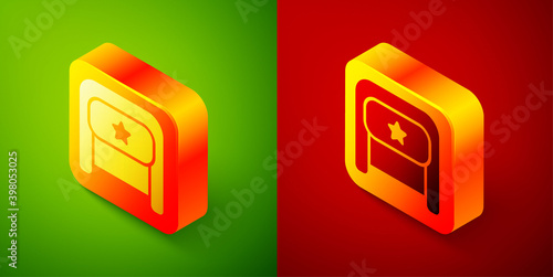 Isometric Ushanka icon isolated on green and red background. Russian fur winter hat ushanka with star. Soviet Union uniform of KGB and NKVD. Square button. Vector.