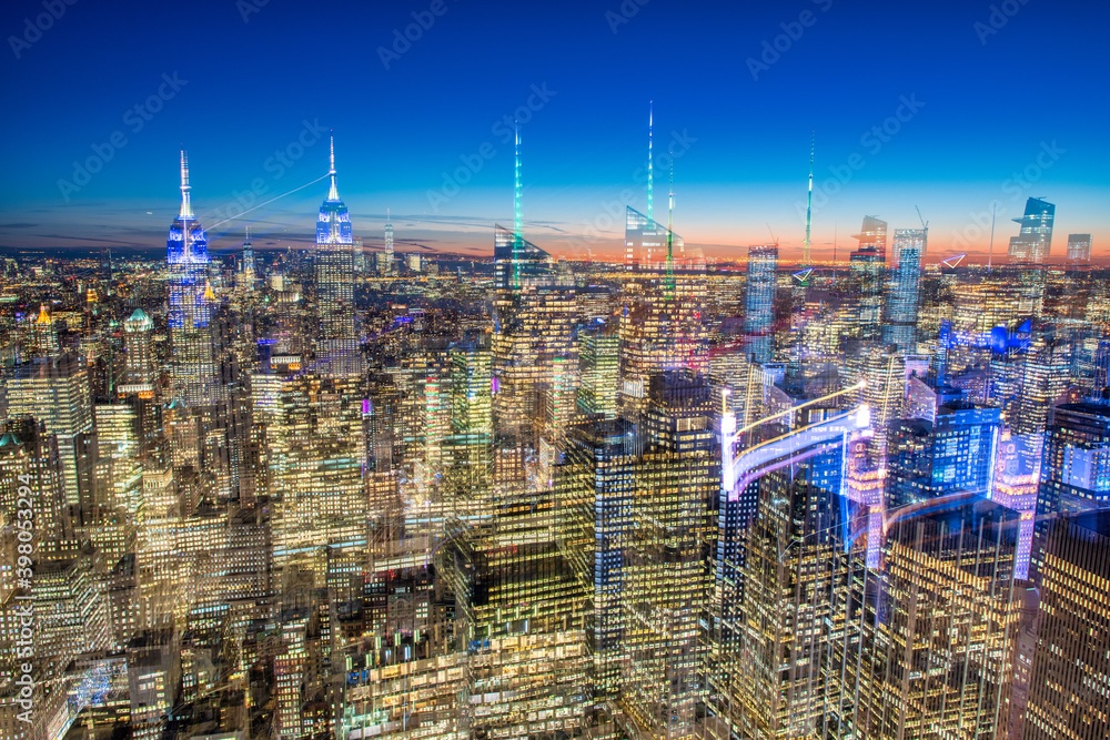 Abstract of Manhattan skyline, skyscrapers with blurred moving camera. New York City lights