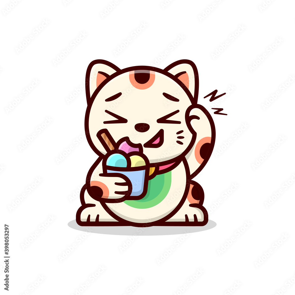 Fototapeta premium CUTE JAPANESE LUCKY CAT EATING A CUP OF ICE CREAM AND GET BRAIN FREZZING CARTOON LOGO