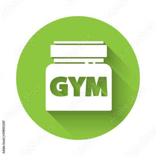 White Sports nutrition bodybuilding proteine power drink and food icon isolated with long shadow. Green circle button. Vector.