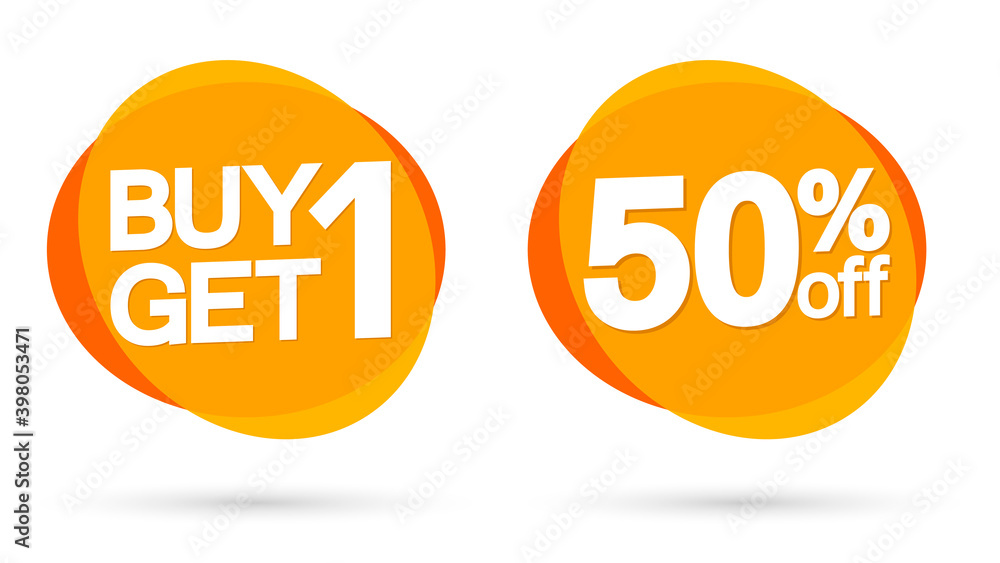 Buy 1 Get 1 Free, 50% off, set sale banners design template, discount tags, vector illustration