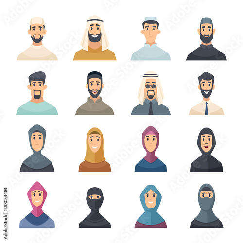 Arabic faces. Avatars muslim characters portraits of arabic male and female east people vector set. Illustration avatar portrait character muslim face