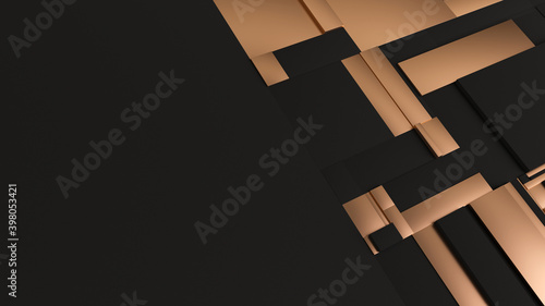 Black and golden tessellated rectangular surface. Abstract background with fragmented tiles. 3D Illustration render design pattern with place for text. Subdivided modern mosaic bacdrop photo
