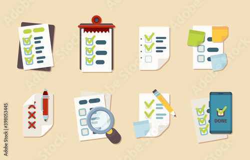 Checklist icons. Notepad schedule customer marks research clipboard vector business checklist collection. Illustration checklist and check clipboard