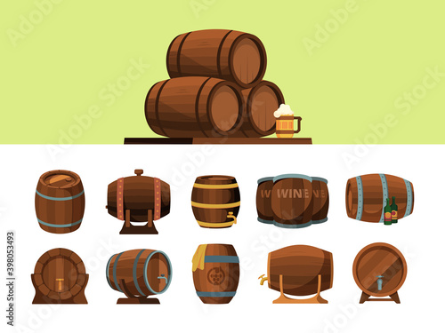 Barrels. Wooden cartoon barrel for alcohol production packages for wine an beer vector pirate symbols. Illustration barrel cartoon, cask for wine or beer
