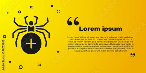 Black Spider icon isolated on yellow background. Happy Halloween party. Vector.