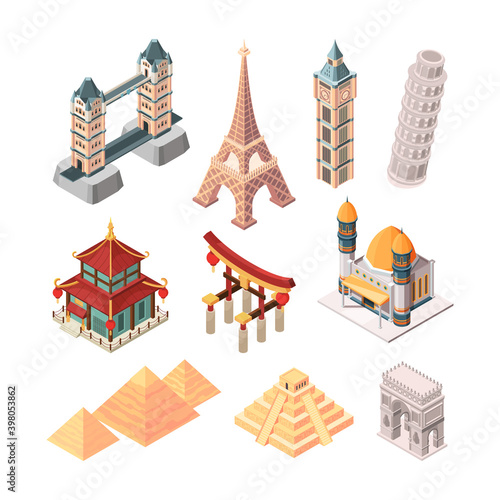 Historical famous landmarks. Isometric symbols for travellers buildings statue bridges pyramid worldwide landmarks collection. Illustration tourist cityscape, vacation attraction temple