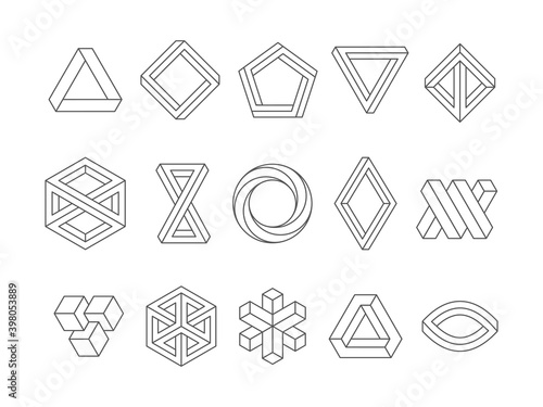 Illusion shapes. 3d geometrical infinity loop triangles hexagon impossible perspective vector abstract logo templates. Illustration 3d trendy visual shape, geometric perspective unusual